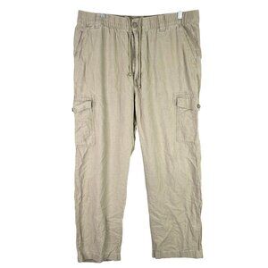 Mens Roundtree & Yorke Beige Cargo Pants Linen Blend Drawstring Elastic 40X32